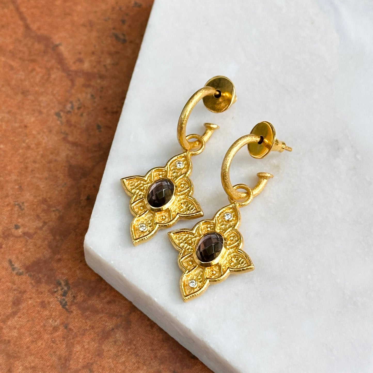 Yellow Gold-Plated Oval Purple Stone + Cubic Zirconia Dangle Hoop Earrings