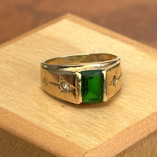 Estate 10KT Yellow Gold Emerald-Cut Lab Emerald + CZ RIng