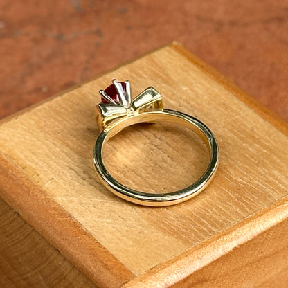 Estate 14KT Yellow Gold Round Ruby + Baguette Diamond Bow Ring