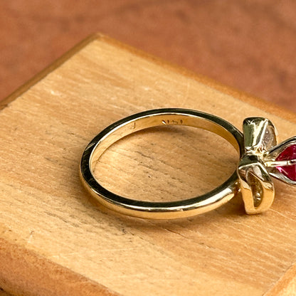 Estate 14KT Yellow Gold Round Ruby + Baguette Diamond Bow Ring