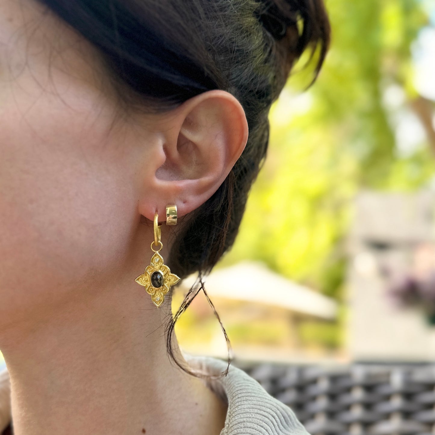 Yellow Gold-Plated Oval Purple Stone + Cubic Zirconia Dangle Hoop Earrings