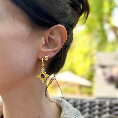 Yellow Gold-Plated Oval Purple Stone + Cubic Zirconia Dangle Hoop Earrings