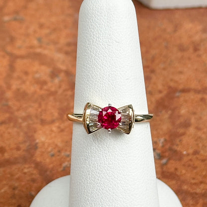 Estate 14KT Yellow Gold Round Ruby + Baguette Diamond Bow Ring