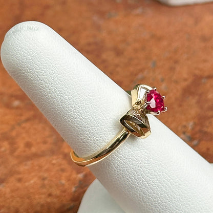 Estate 14KT Yellow Gold Round Ruby + Baguette Diamond Bow Ring