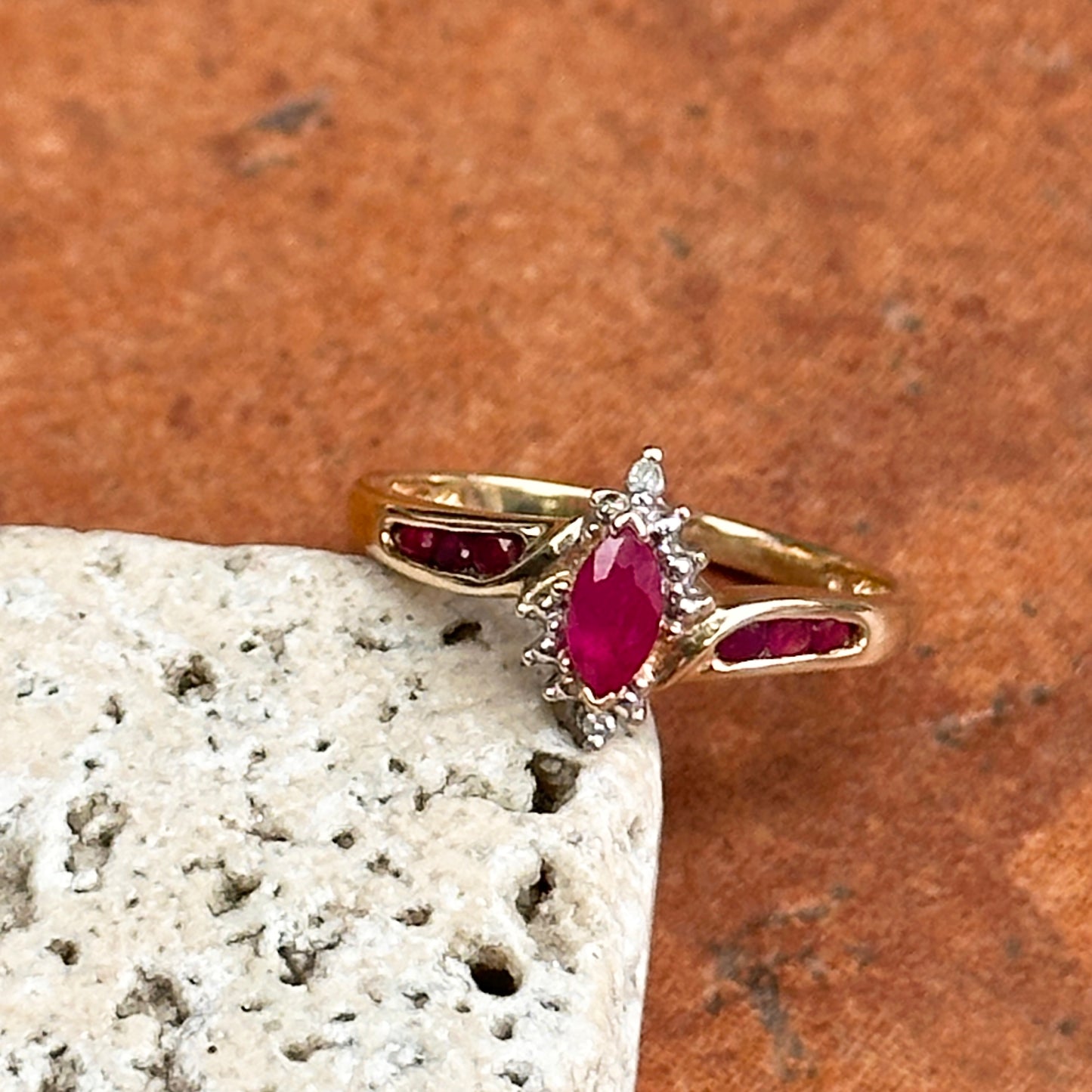 Estate 14KT Yellow Gold Marquise Ruby + Diamond Halo Ring