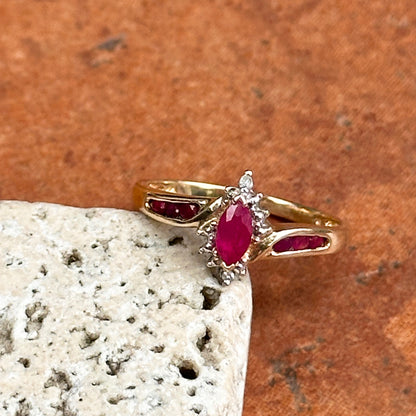 Estate 14KT Yellow Gold Marquise Ruby + Diamond Halo Ring