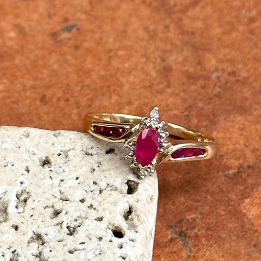 Estate 14KT Yellow Gold Marquise Ruby + Diamond Halo Ring