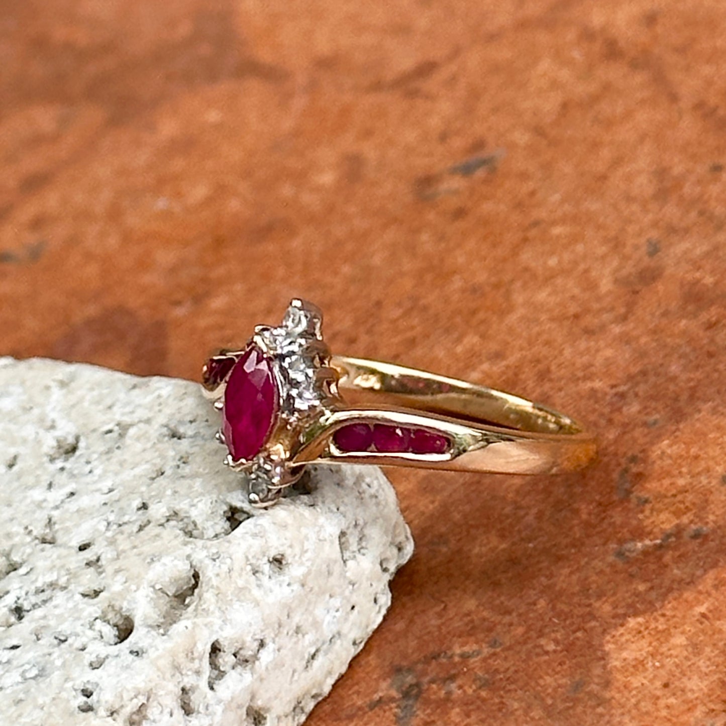Estate 14KT Yellow Gold Marquise Ruby + Diamond Halo Ring