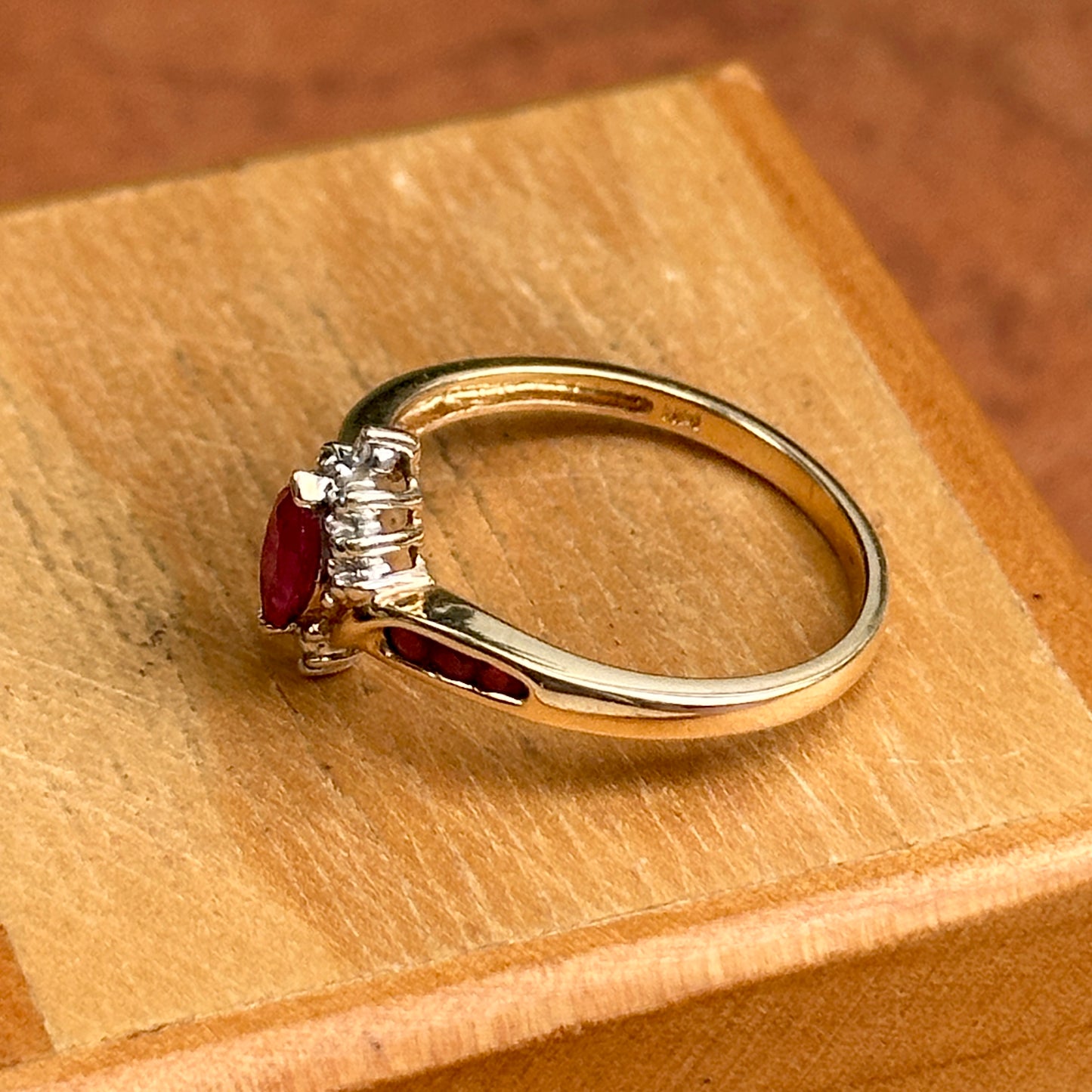 Estate 14KT Yellow Gold Marquise Ruby + Diamond Halo Ring