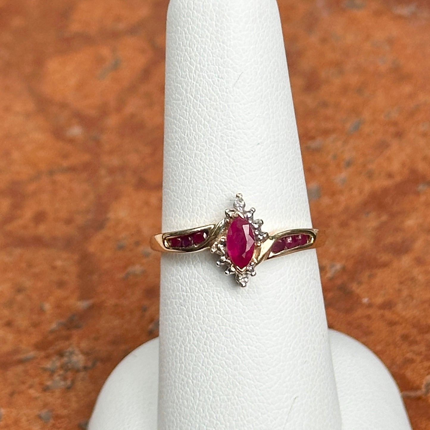 Estate 14KT Yellow Gold Marquise Ruby + Diamond Halo Ring