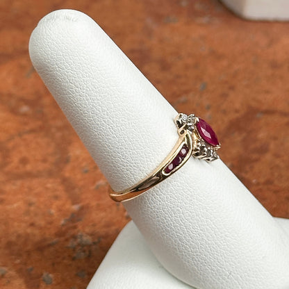 Estate 14KT Yellow Gold Marquise Ruby + Diamond Halo Ring