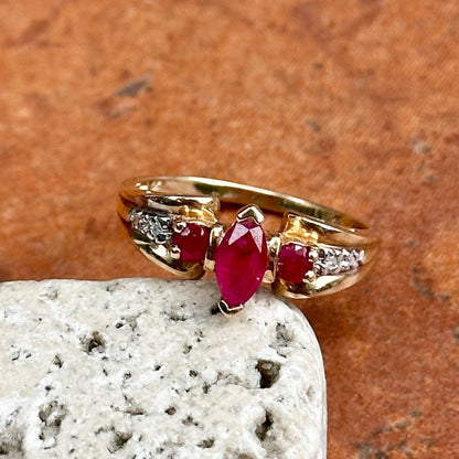 Estate 10KT Yellow Gold Marquise Ruby + Diamond Ring