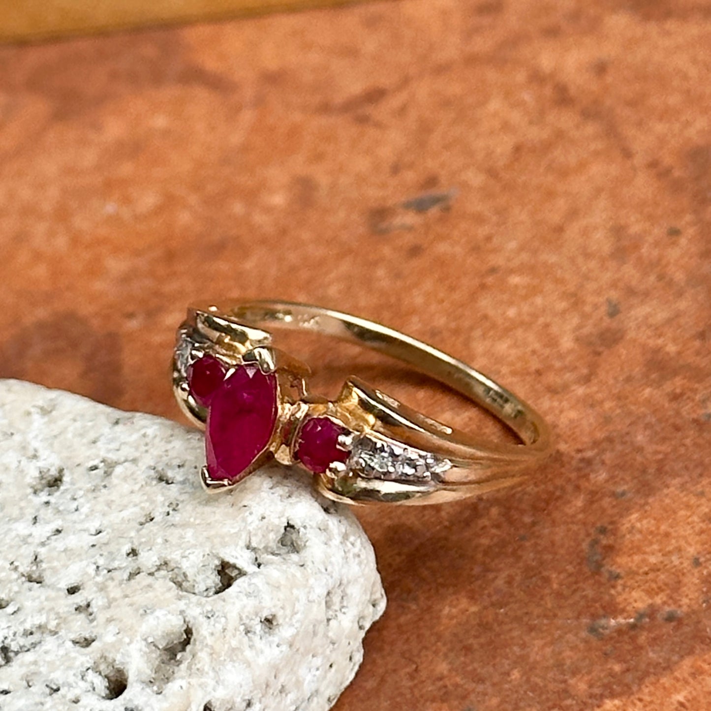 Estate 10KT Yellow Gold Marquise Ruby + Diamond Ring