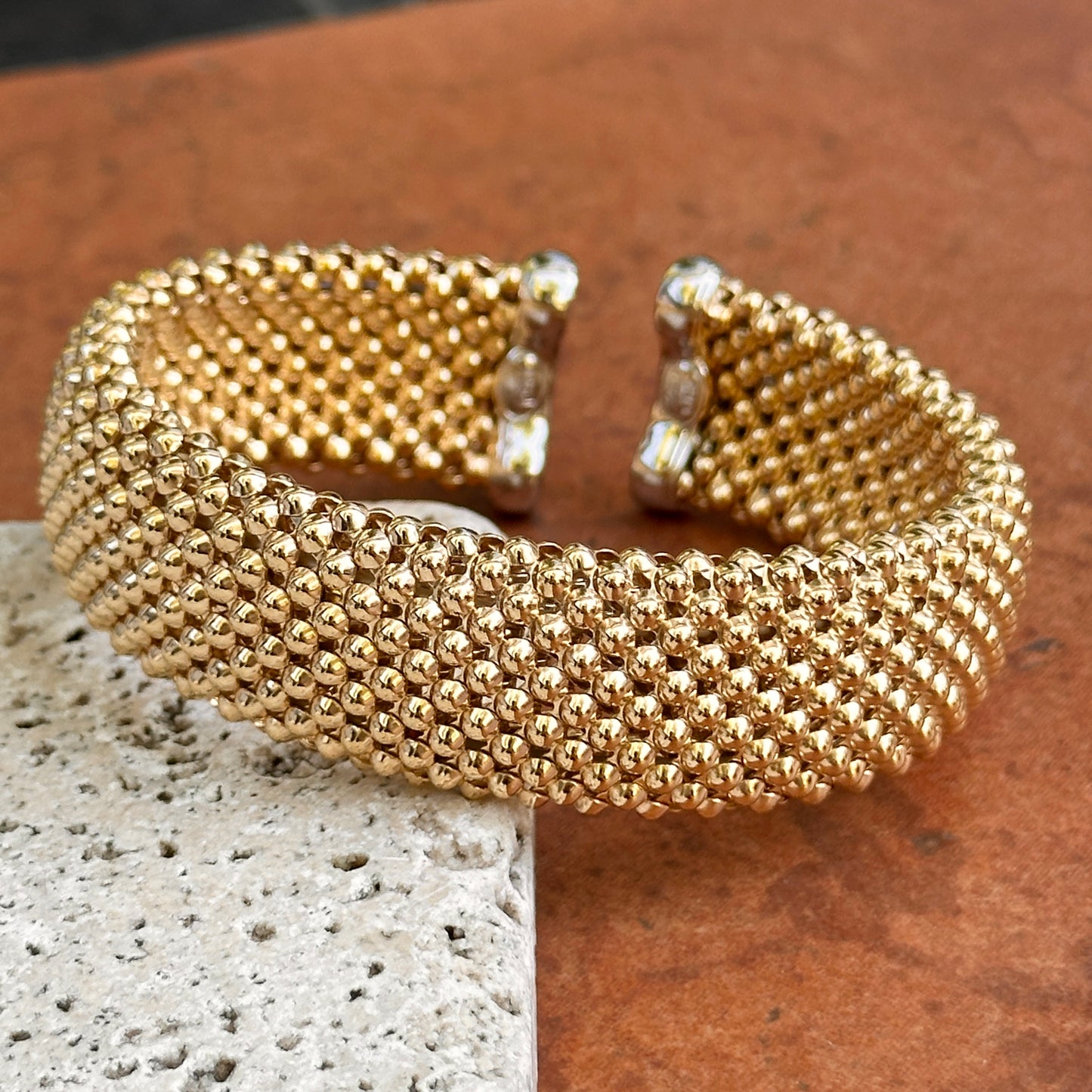 Yellow Gold-Plated Silver Mesh Weave Open Cuff Bracelet + White Rhodium