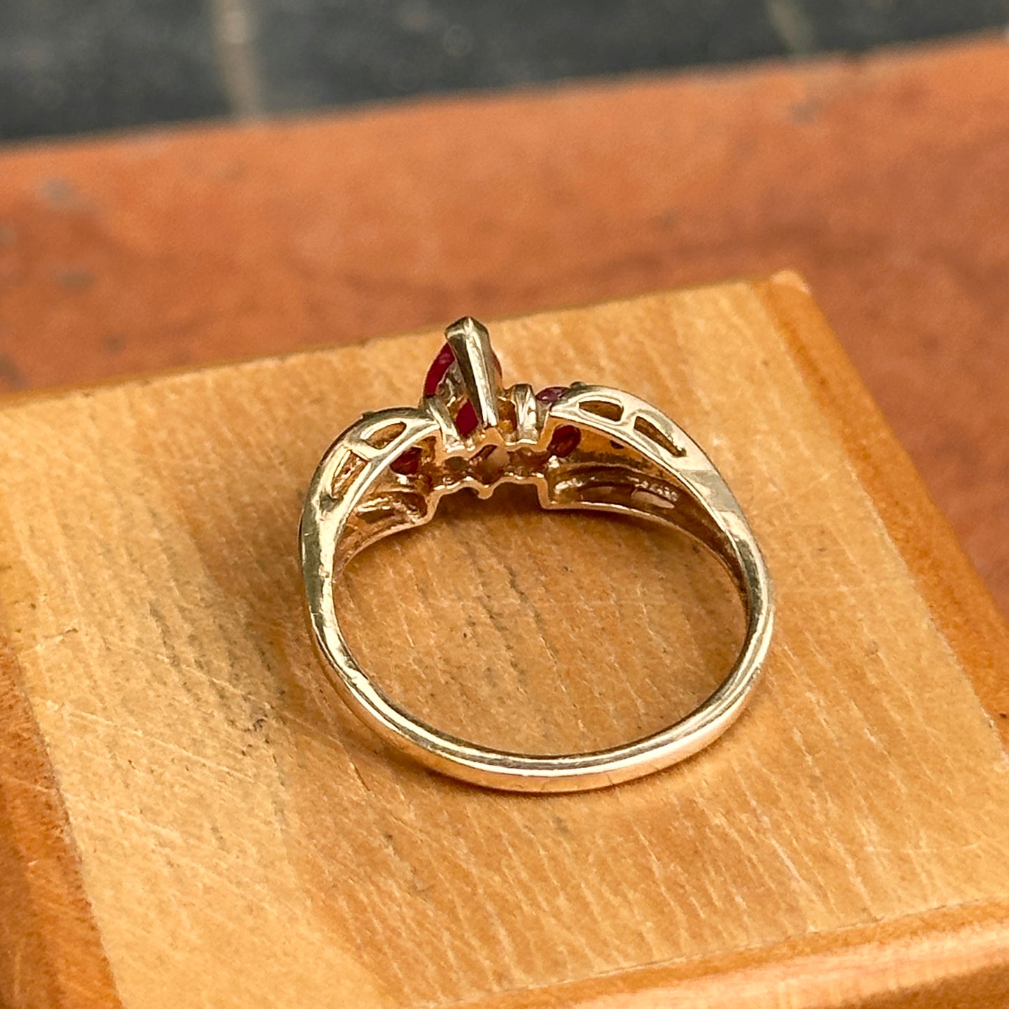 Estate 10KT Yellow Gold Marquise Ruby + Diamond Ring