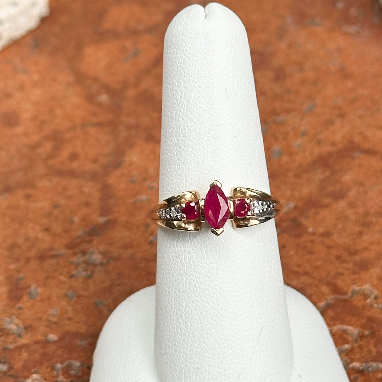 Estate 10KT Yellow Gold Marquise Ruby + Diamond Ring