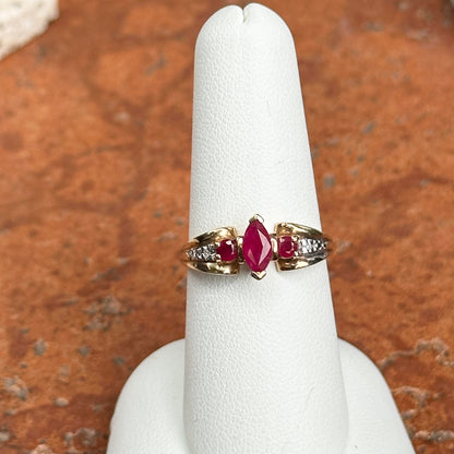 Estate 10KT Yellow Gold Marquise Ruby + Diamond Ring