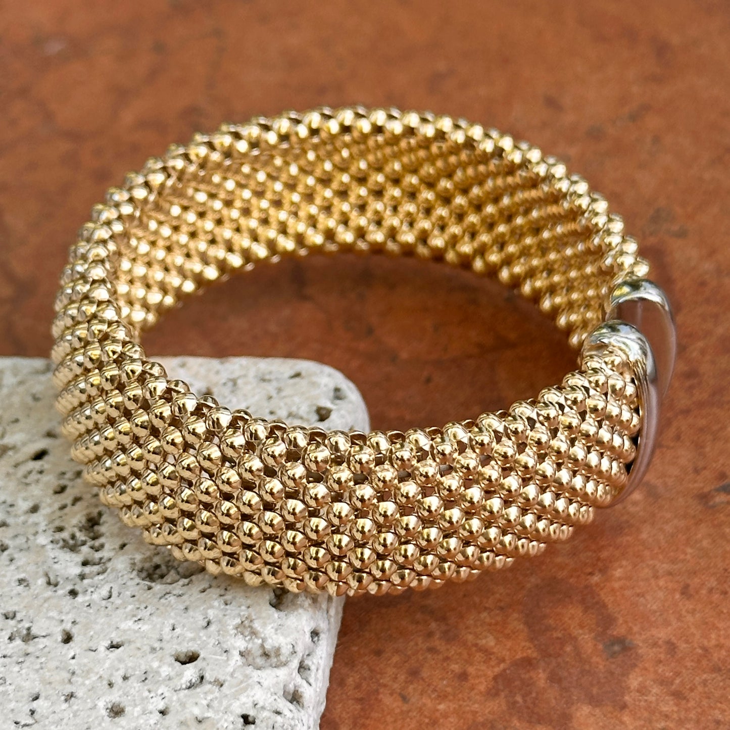 Yellow Gold-Plated Silver Mesh Weave Open Cuff Bracelet + White Rhodium