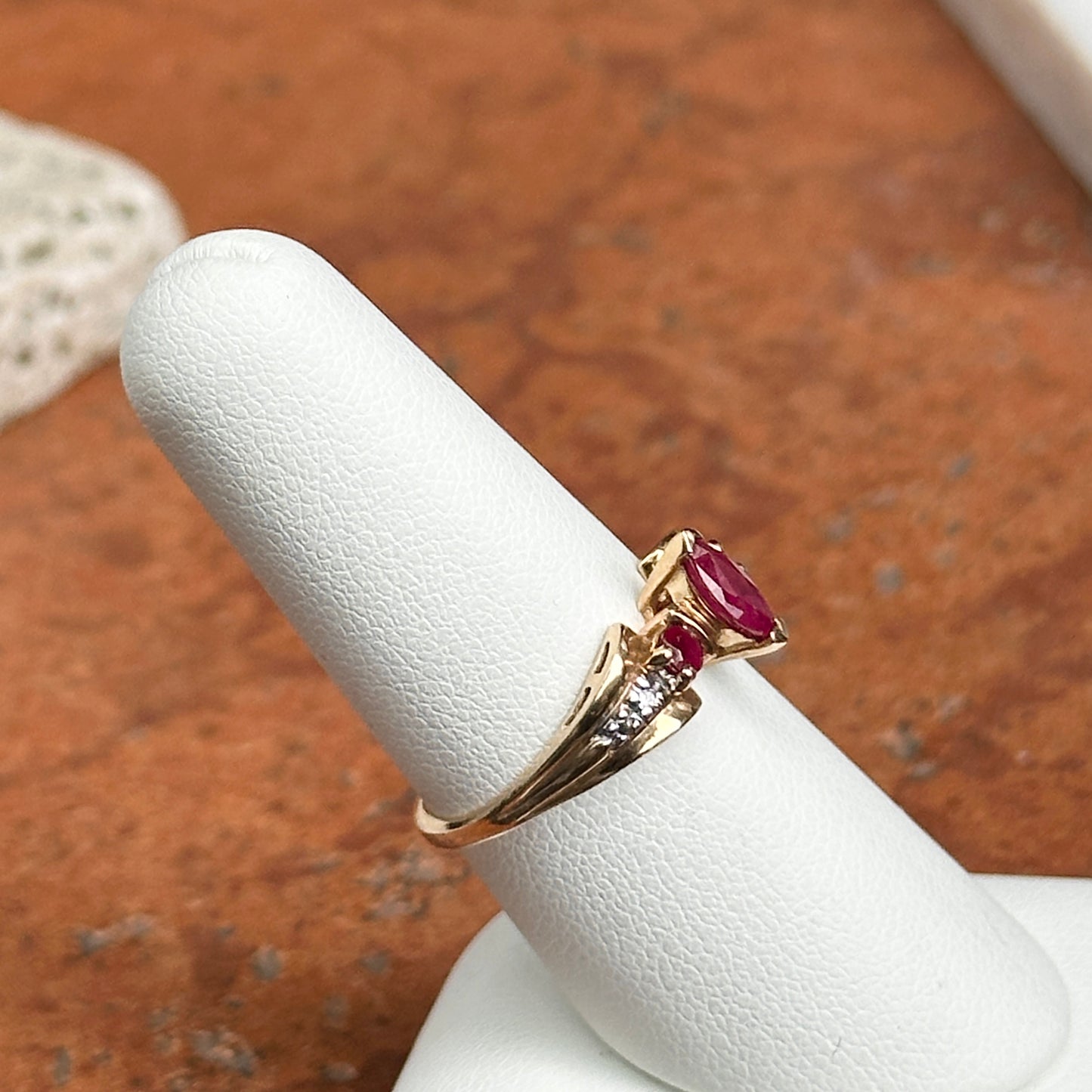 Estate 10KT Yellow Gold Marquise Ruby + Diamond Ring