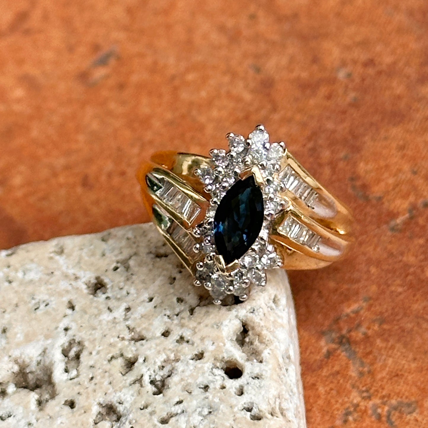 Estate 14KT Yellow Gold Marquise Blue Sapphire + Diamond Cluster Ring