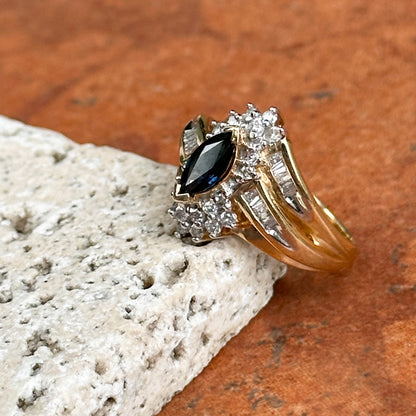 Estate 14KT Yellow Gold Marquise Blue Sapphire + Diamond Cluster Ring
