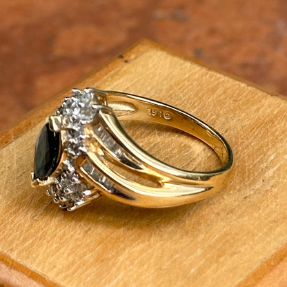 Estate 14KT Yellow Gold Marquise Blue Sapphire + Diamond Cluster Ring