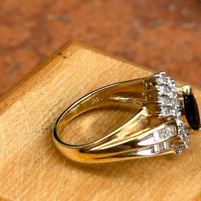 Estate 14KT Yellow Gold Marquise Blue Sapphire + Diamond Cluster Ring