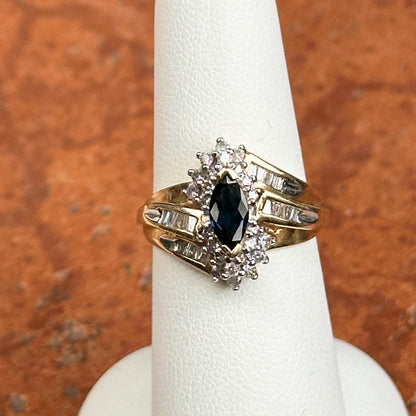 Estate 14KT Yellow Gold Marquise Blue Sapphire + Diamond Cluster Ring