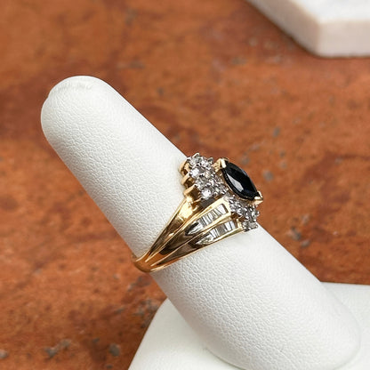 Estate 14KT Yellow Gold Marquise Blue Sapphire + Diamond Cluster Ring