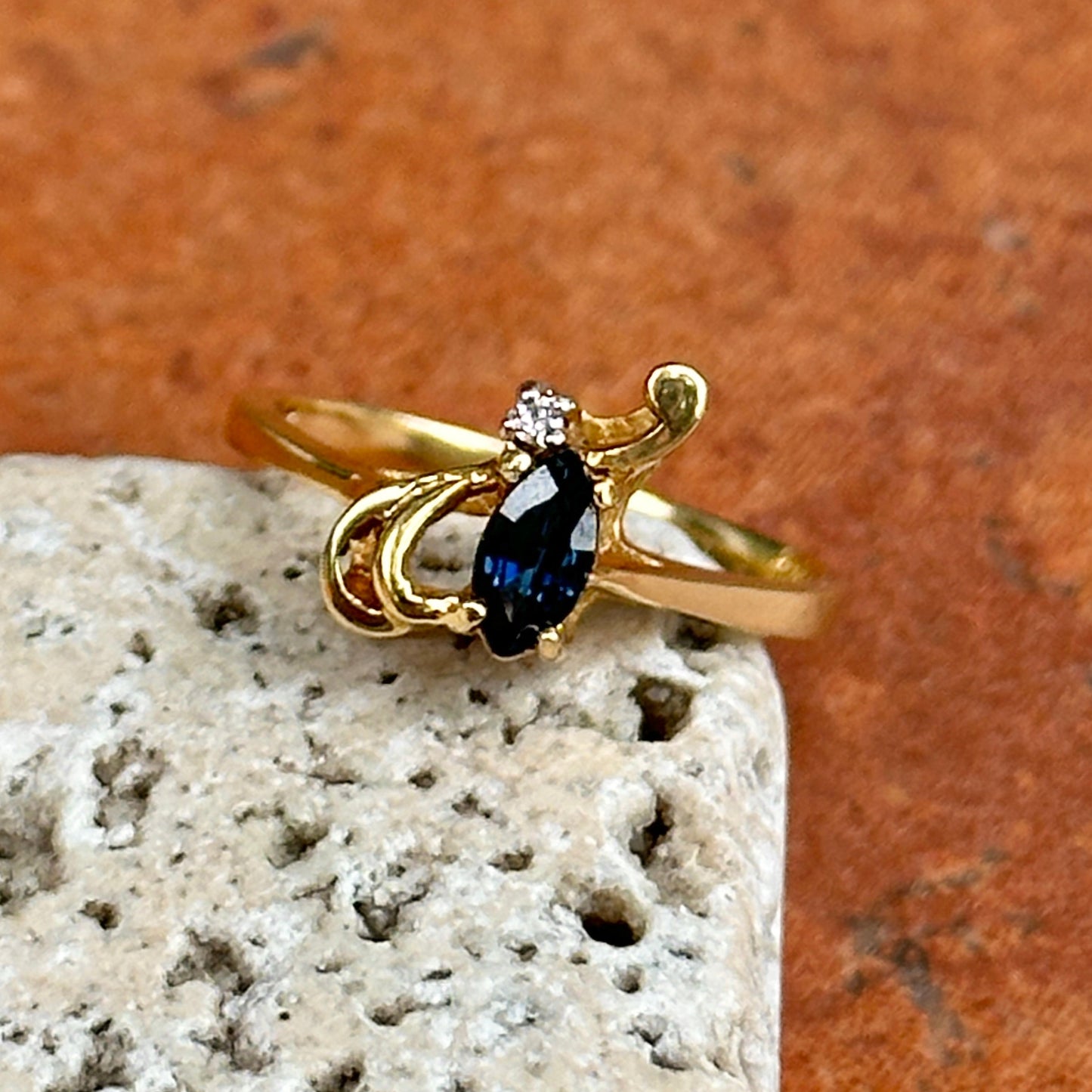 Estate 10KT Yellow Gold Marquise Blue Sapphire + Diamond Swirl Ring
