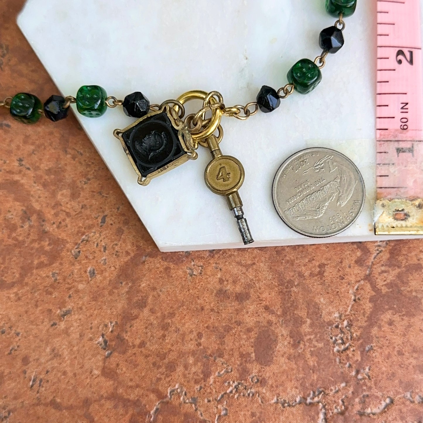 Antique Yellow Tone Deco Czech Glass Chain + Intaglio Watch Fob and Key