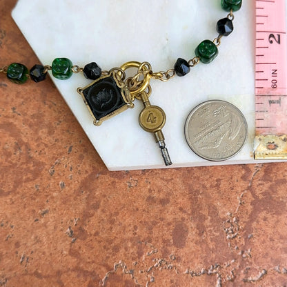 Antique Yellow Tone Deco Czech Glass Chain + Intaglio Watch Fob and Key