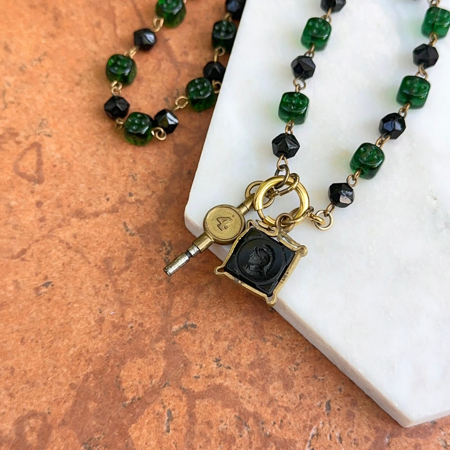 Antique Yellow Tone Deco Czech Glass Chain + Intaglio Watch Fob and Key