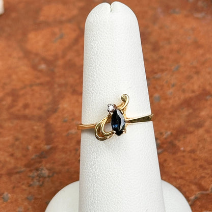 Estate 10KT Yellow Gold Marquise Blue Sapphire + Diamond Swirl Ring
