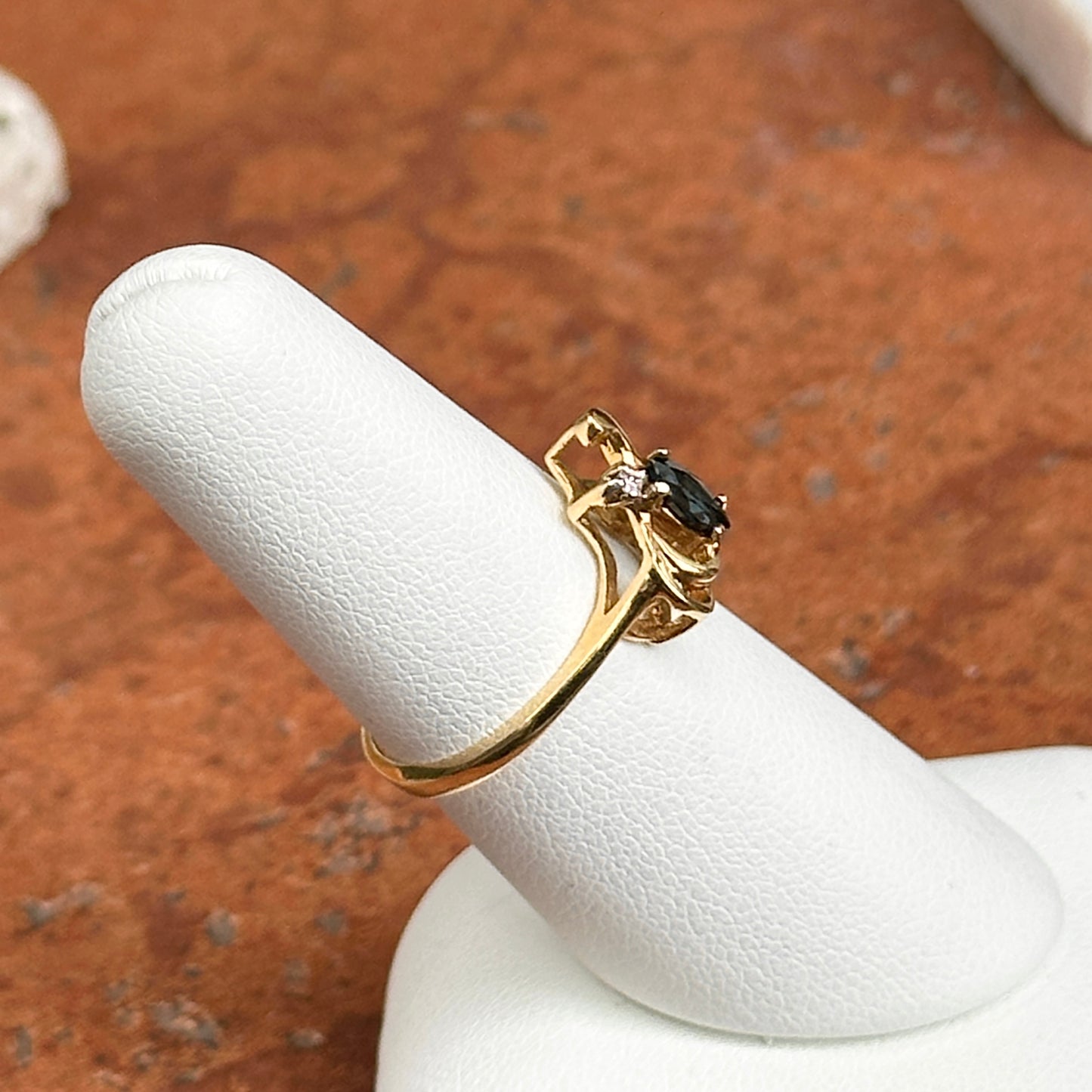 Estate 10KT Yellow Gold Marquise Blue Sapphire + Diamond Swirl Ring