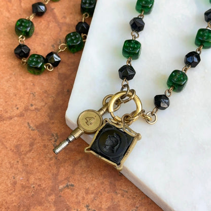 Antique Yellow Tone Deco Czech Glass Chain + Intaglio Watch Fob and Key