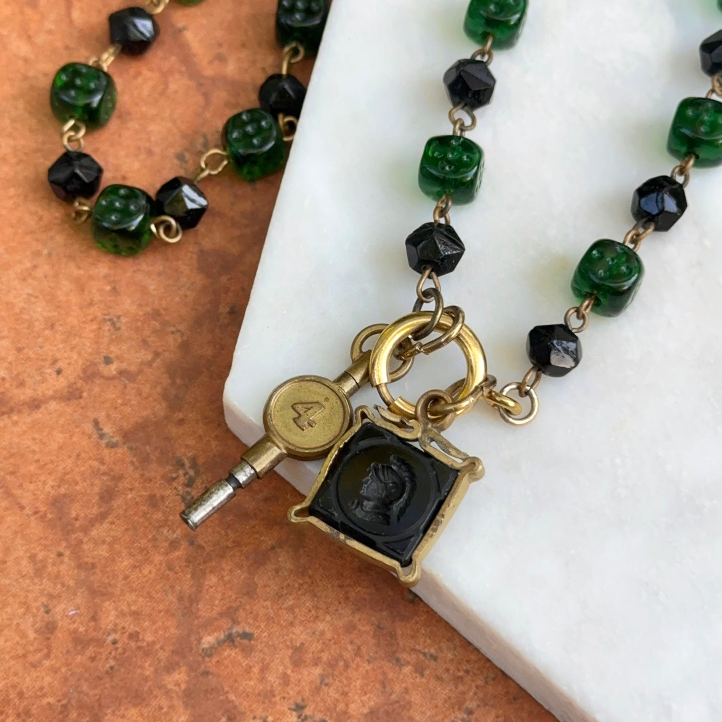 Antique Yellow Tone Deco Czech Glass Chain + Intaglio Watch Fob and Key