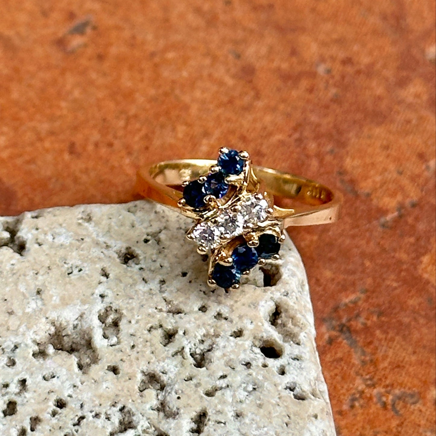 Estate 14KT Yellow Gold Blue Sapphire + Diamond Cluster Ring