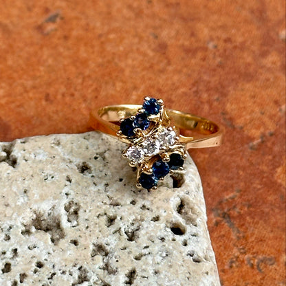 Estate 14KT Yellow Gold Blue Sapphire + Diamond Cluster Ring