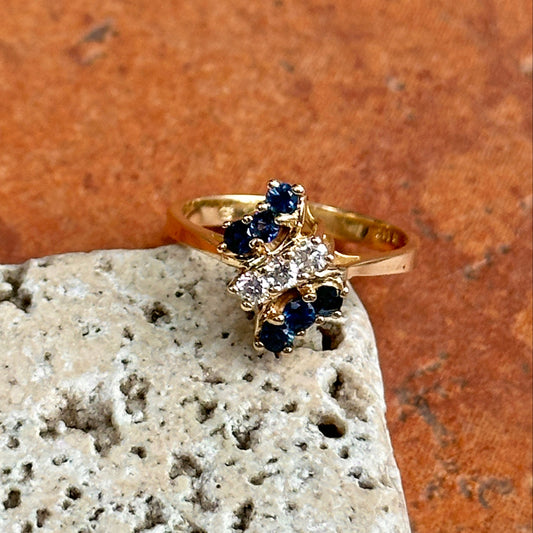 Estate 14KT Yellow Gold Blue Sapphire + Diamond Cluster Ring