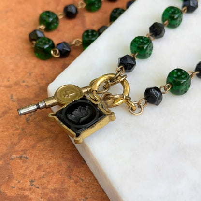 Antique Yellow Tone Deco Czech Glass Chain + Intaglio Watch Fob and Key