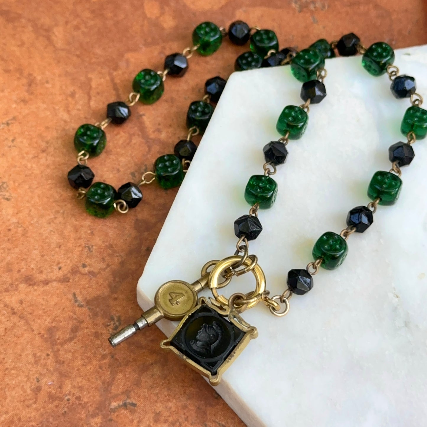 Antique Yellow Tone Deco Czech Glass Chain + Intaglio Watch Fob and Key