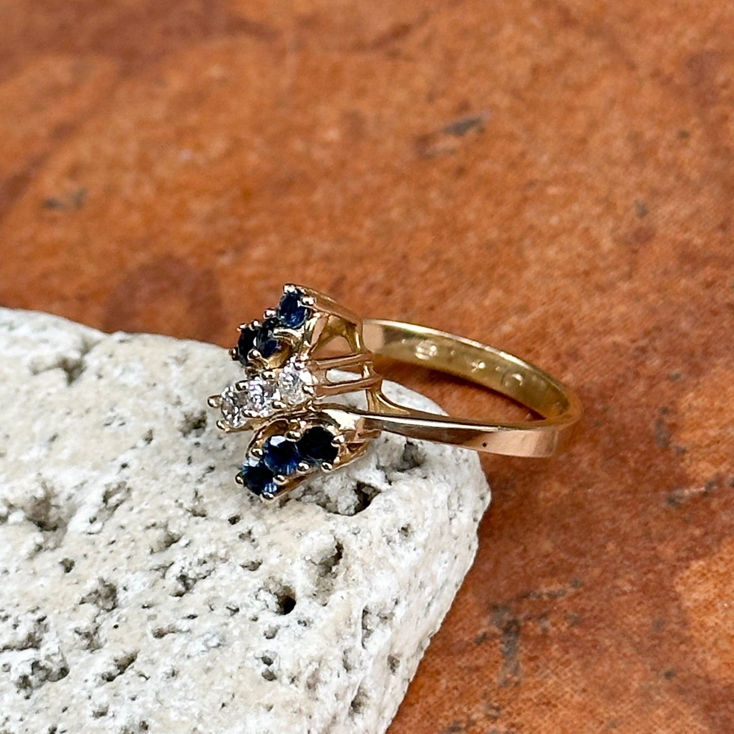 Estate 14KT Yellow Gold Blue Sapphire + Diamond Cluster Ring