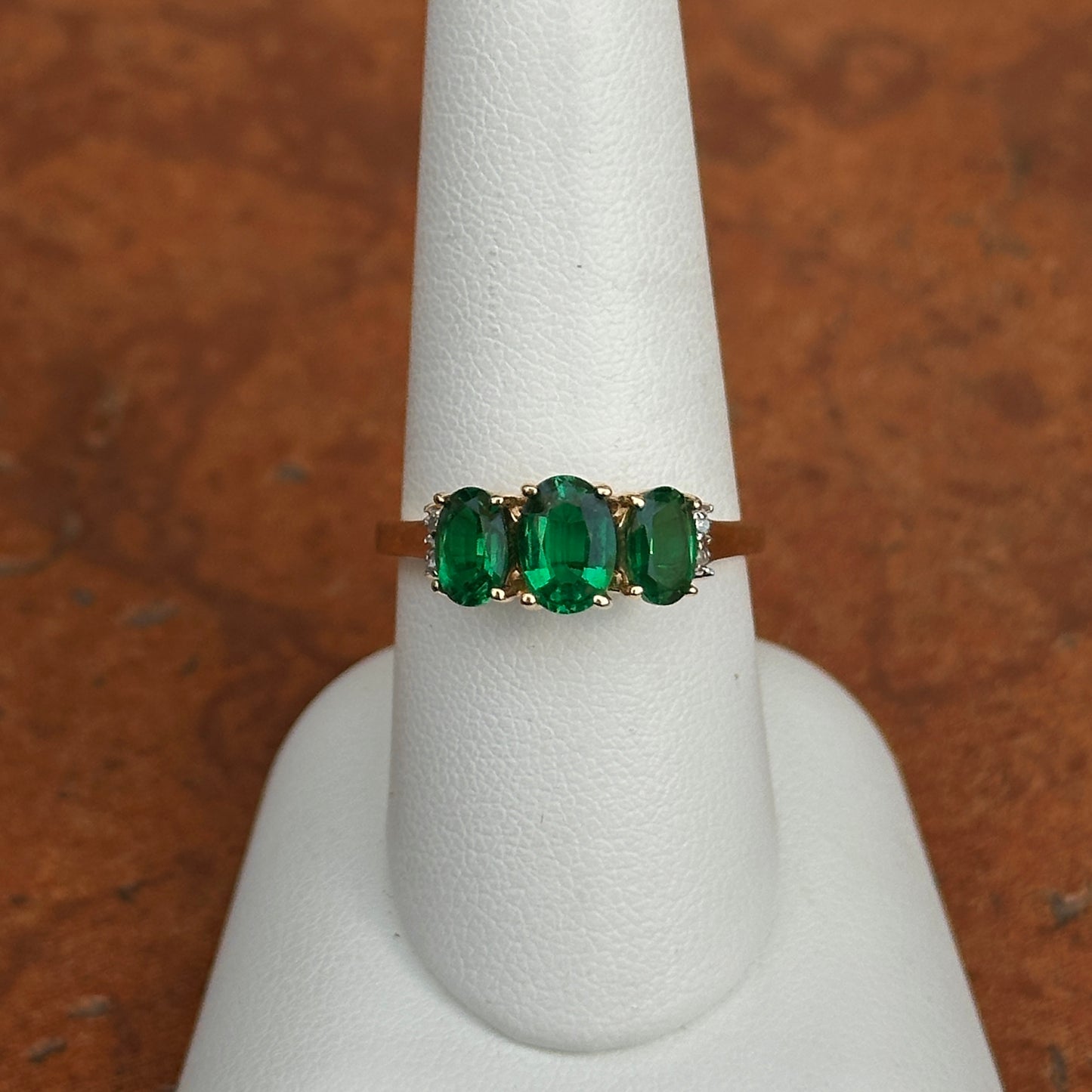 Estate 14KT Yellow Gold Three Stone Oval Lab Emerald + Diamond Ring Custom Size 9