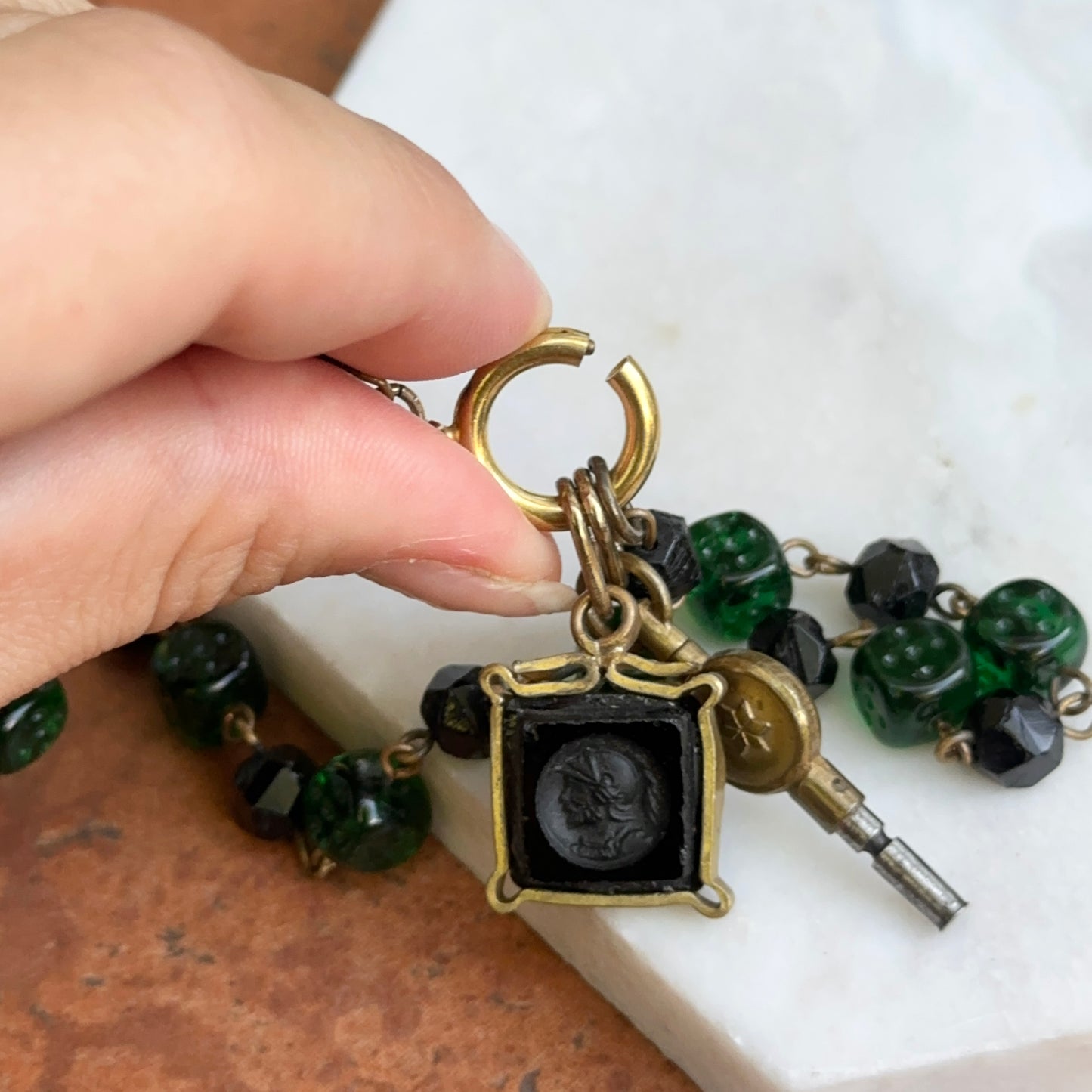 Antique Yellow Tone Deco Czech Glass Chain + Intaglio Watch Fob and Key