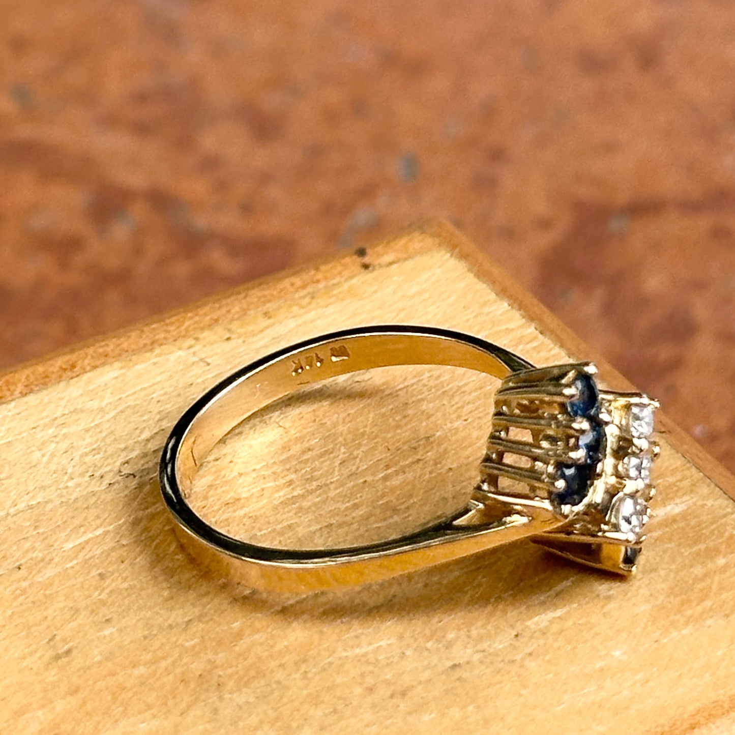 Estate 14KT Yellow Gold Blue Sapphire + Diamond Cluster Ring