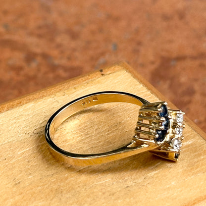 Estate 14KT Yellow Gold Blue Sapphire + Diamond Cluster Ring