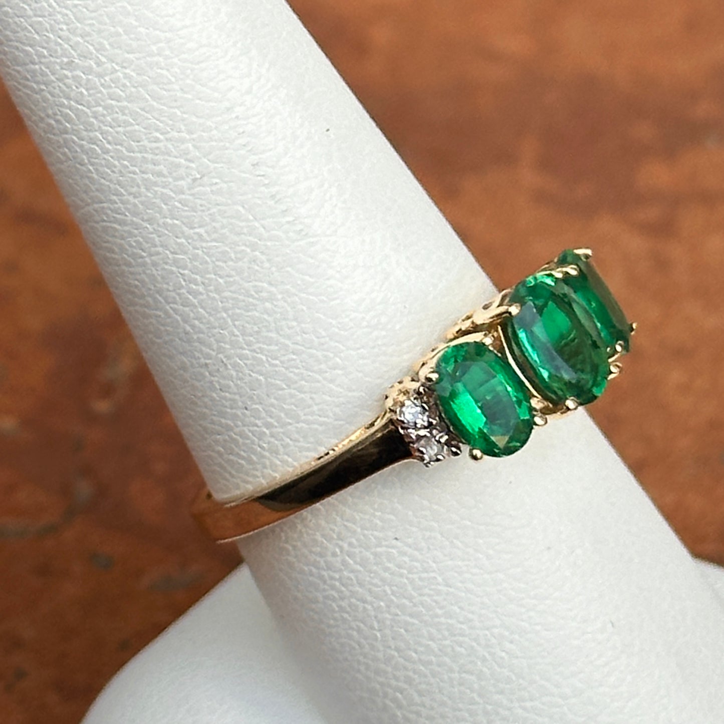 Estate 14KT Yellow Gold Three Stone Oval Lab Emerald + Diamond Ring Custom Size 9