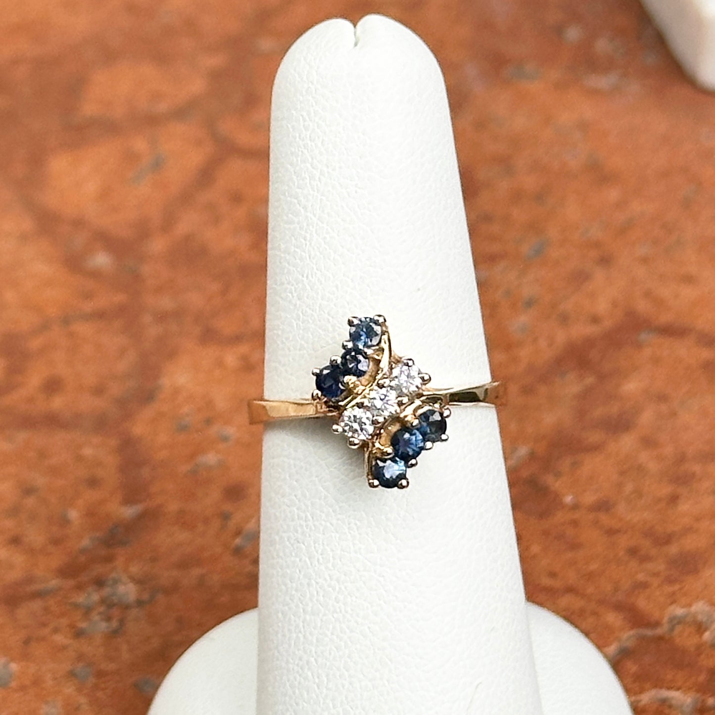 Estate 14KT Yellow Gold Blue Sapphire + Diamond Cluster Ring