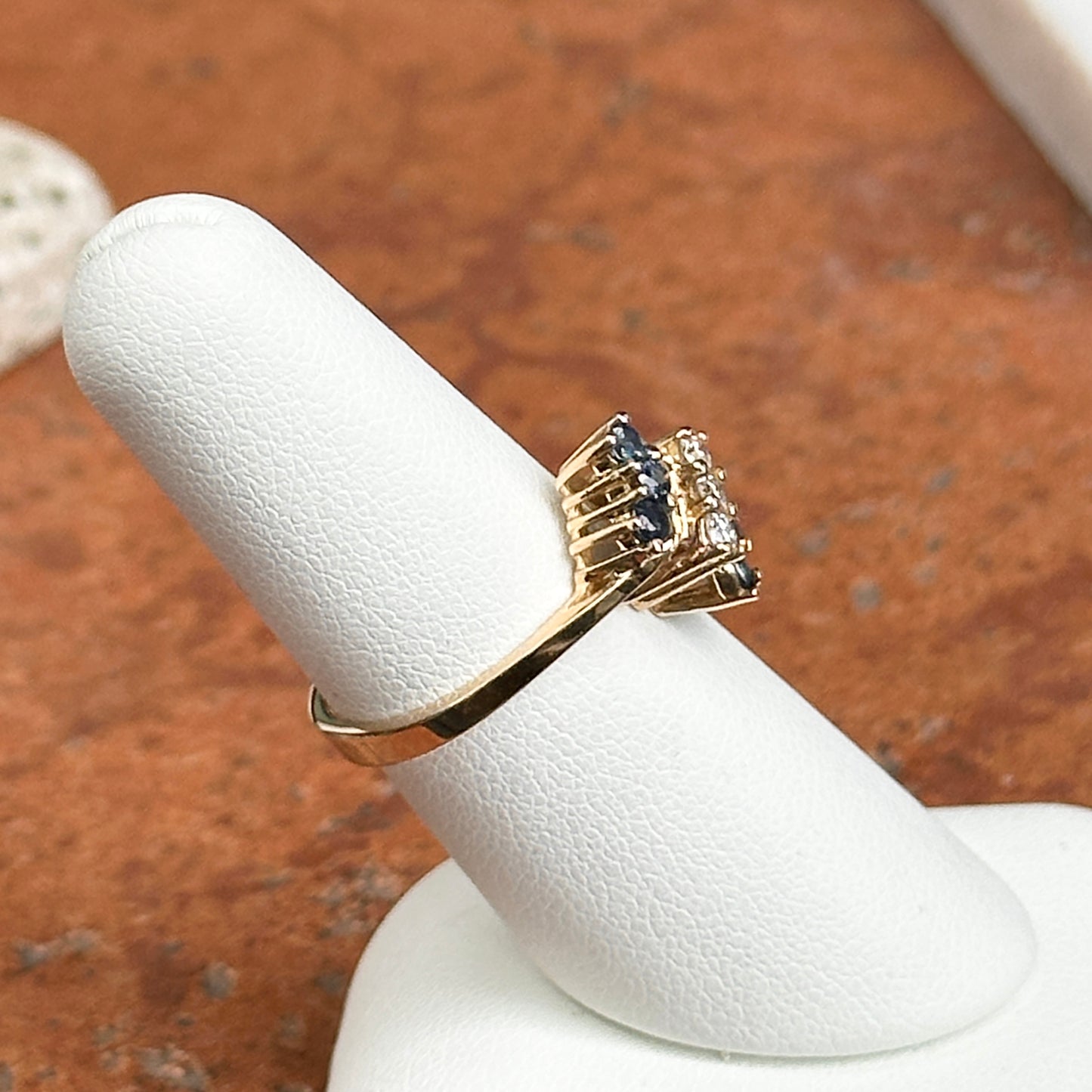 Estate 14KT Yellow Gold Blue Sapphire + Diamond Cluster Ring